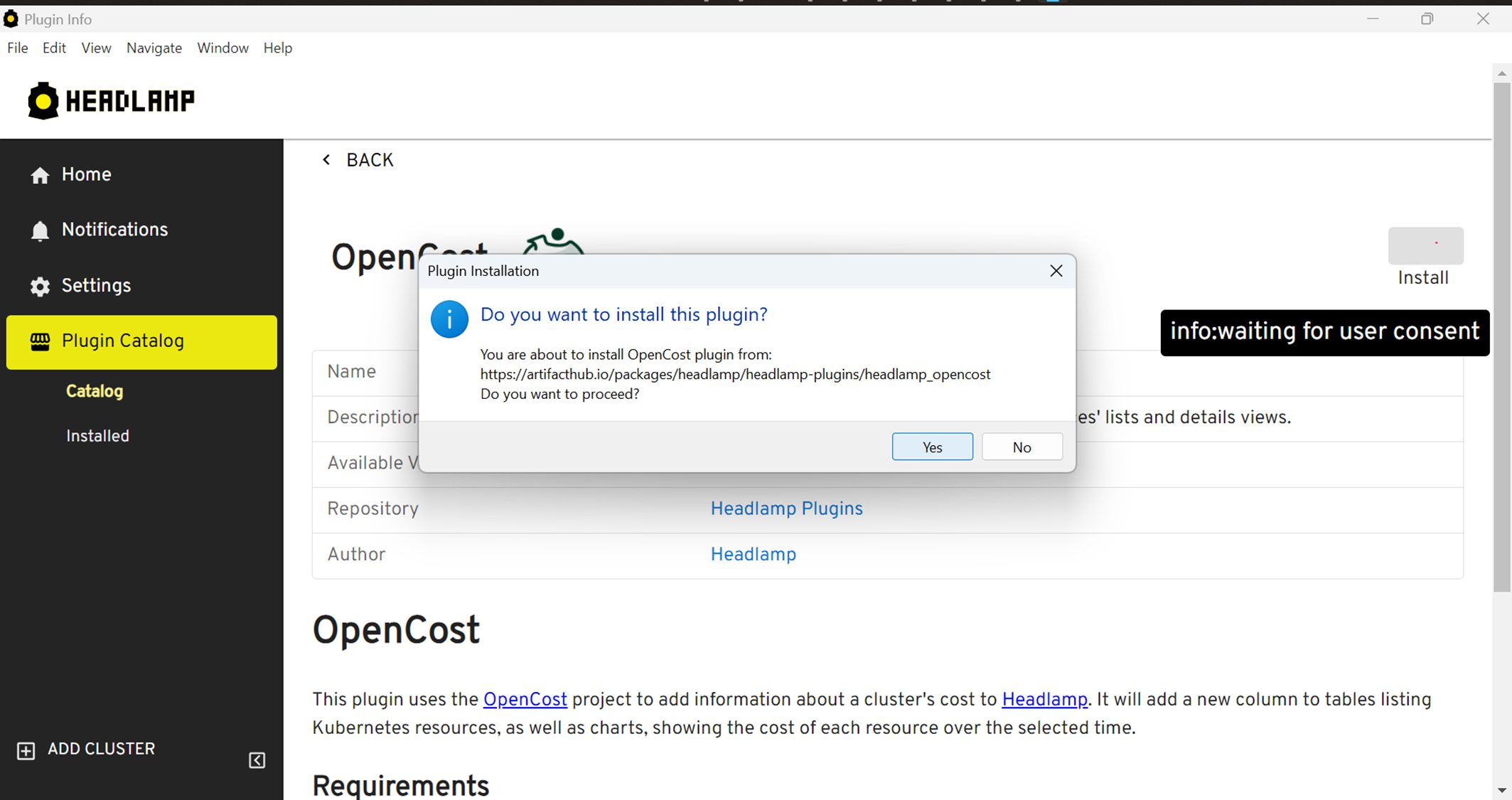 Screenshot showing OpenCost Plugin installation